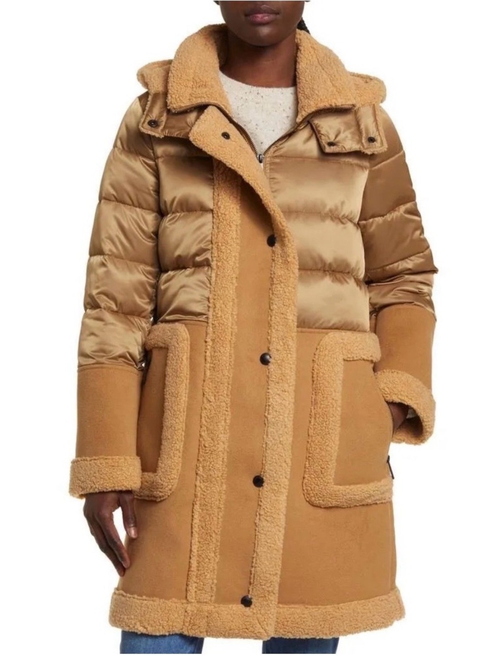 Sam Edelman Tan Sherpa Puffer Coat Women’s Small Faux Shearling Hooded Jacket